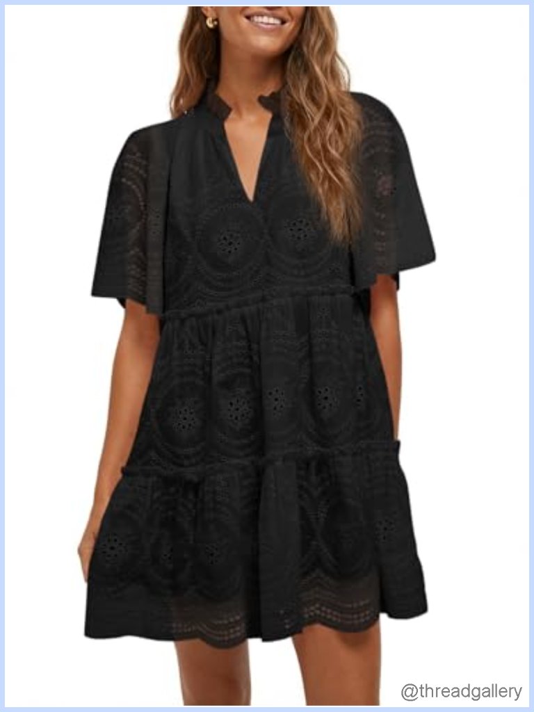 Women's Short Sleeve Eyelet Lace Babydoll Mini Dress Swing Tunic